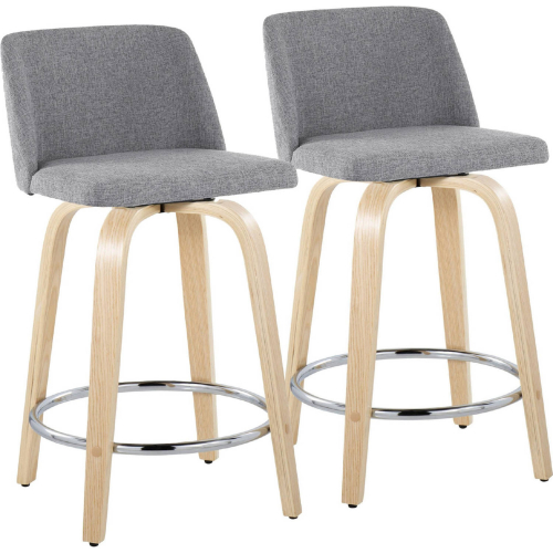 Toriano 24" Swivel Counter Stool in Natural Wood & Grey Fabric w/ Chrome Footrest (Set of 2)